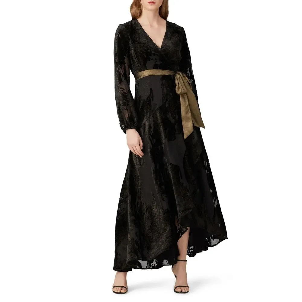 Hutch Black Burnout Velvet Wrap Maxi Dress Metallic Sash Hi-Low Hem Size M - Picture 2 of 12